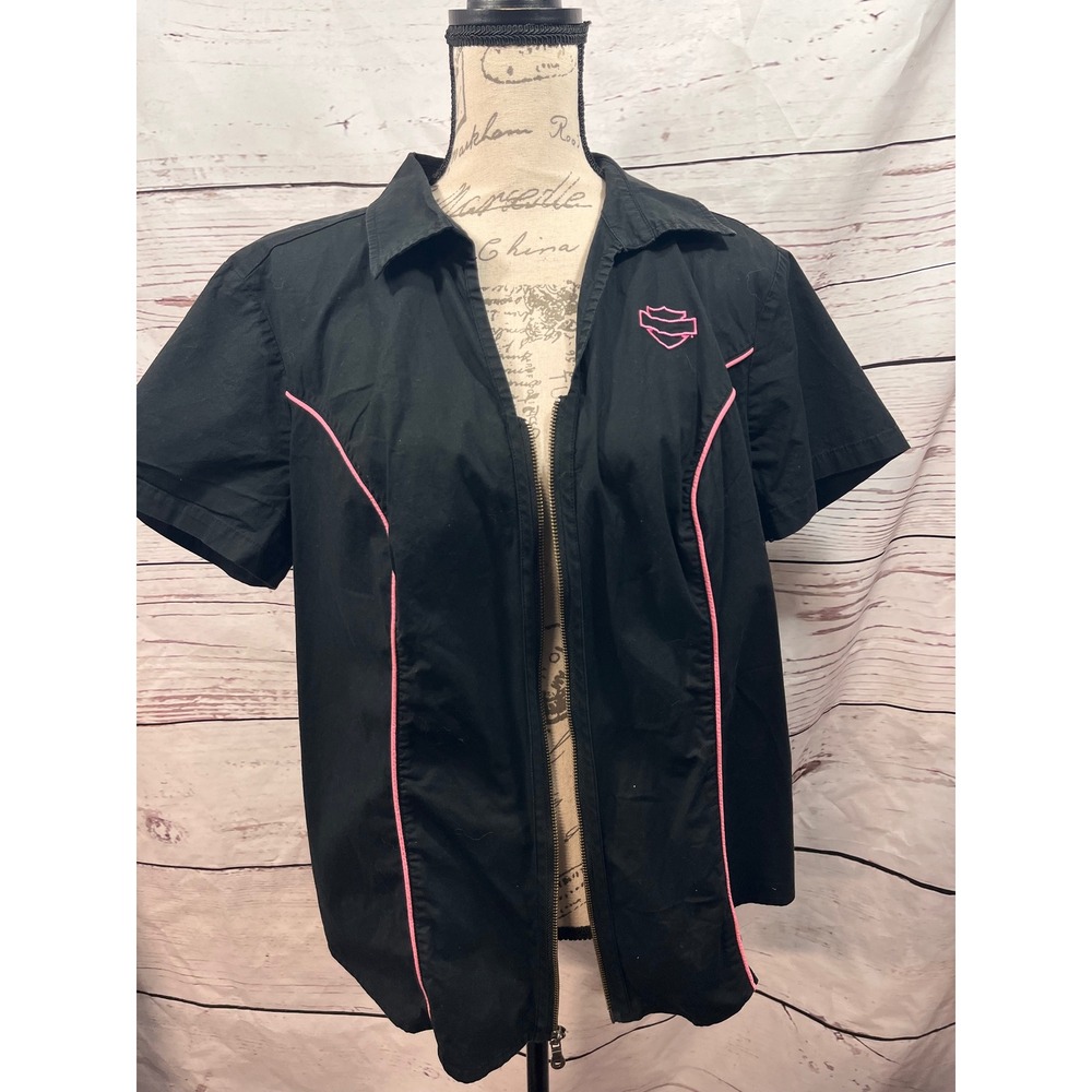 Harley Davidson Womens Black Pink Zip Up Short Sleeve Embroidered Moto Shirt XL